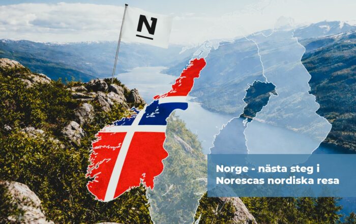 Illustration av Norden där Norge är markerat med norska flaggan och en flagga med Norescas logotyp, som symbol för Norescas etablering i Norge.