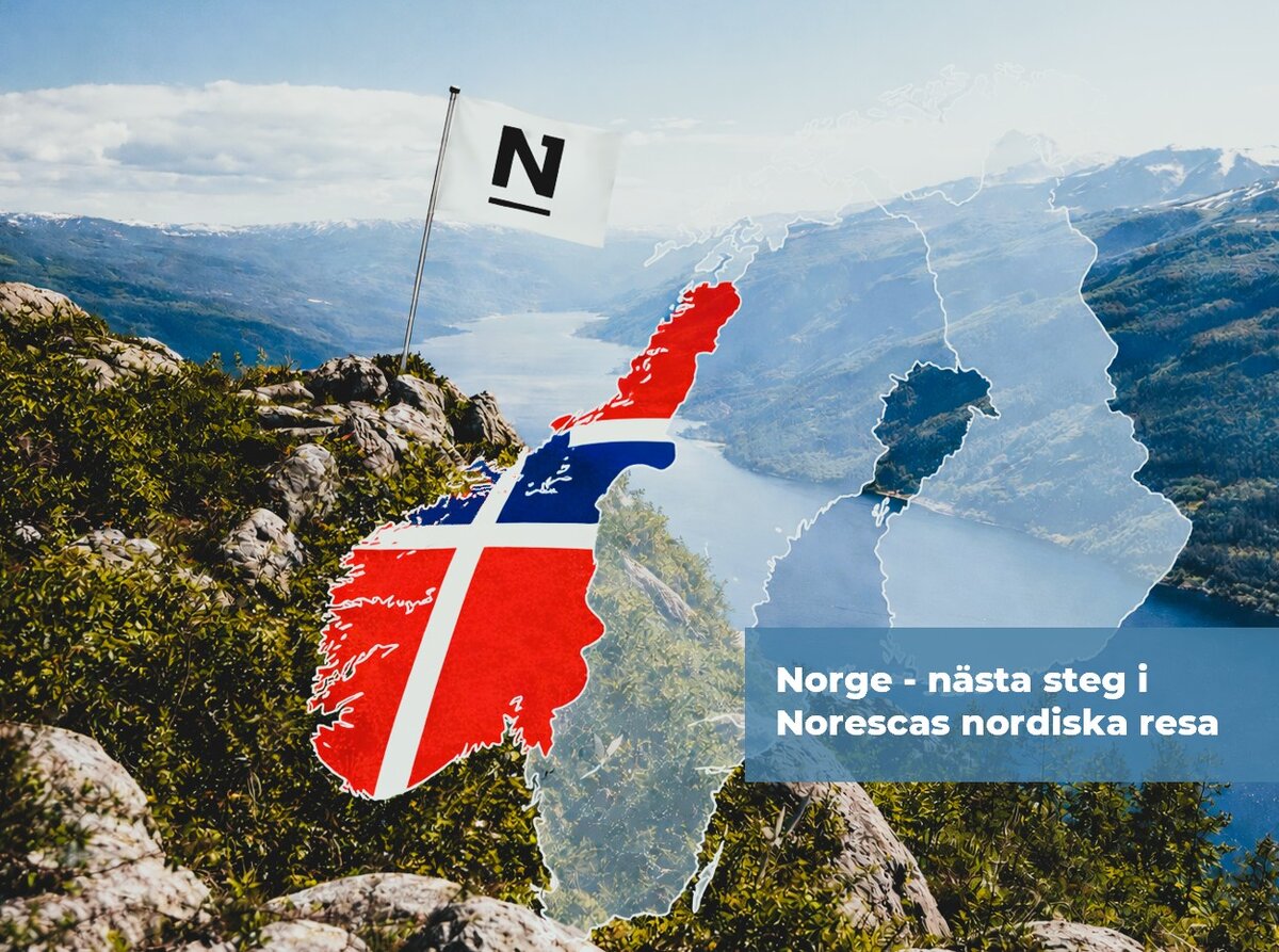 Illustration av Norden där Norge är markerat med norska flaggan och en flagga med Norescas logotyp, som symbol för Norescas etablering i Norge.