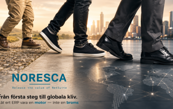 Tre personer i olika åldrar går framåt från vänster till höger – från barnets första steg till vuxna affärskliv – på en väg som övergår i en digital världskarta. Bilden symboliserar hur Noresca
och Oracle NetSuite hjälper växande företag att gå från lokala processer till global tillväxt med rätt ERP-plattform.